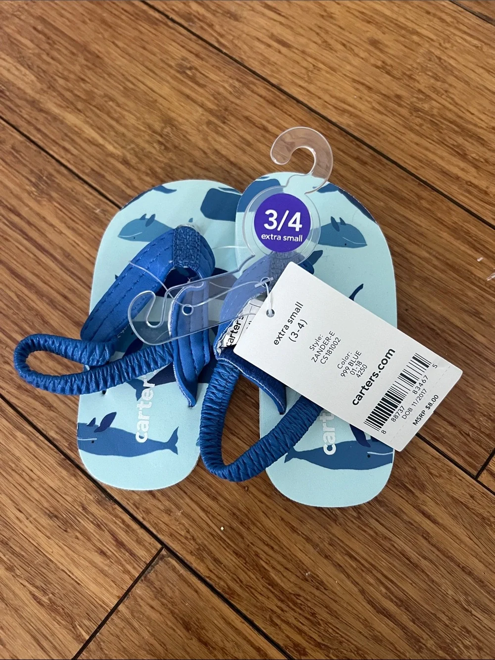 NWT: Carter's Light Blue Shark Print Toddler Flip Flops with Navy Straps